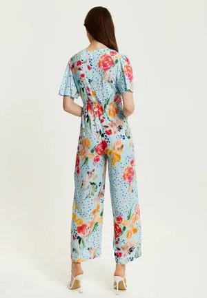 Liquorish Blue Floral Print Jumpsuit With Wide Legs