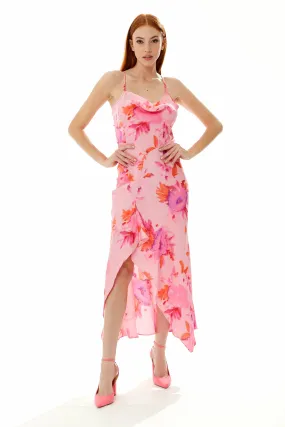 Liquorish Cowl Neck Maxi Floral Print Dress In Pink