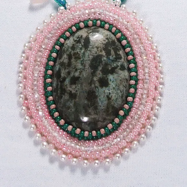 Madena Beaded Picture Stone Gemstone Cabochon Pendant Necklace