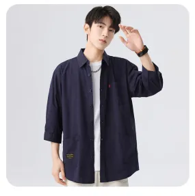 Navy korean-style relaxed shirt with three-fourth sleeve