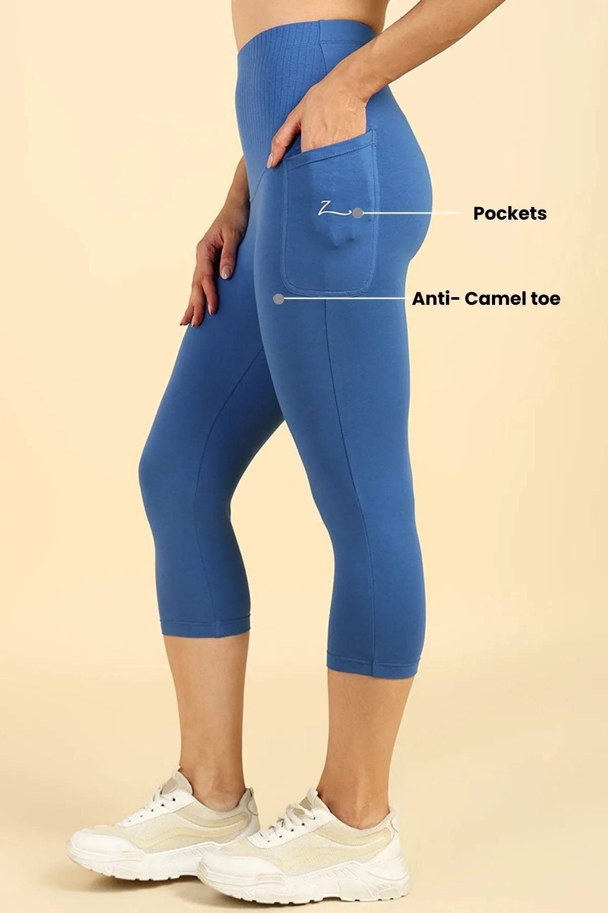 Ribbed Cotton Blue Maternity Capri (Pregnancy & Postpartum)