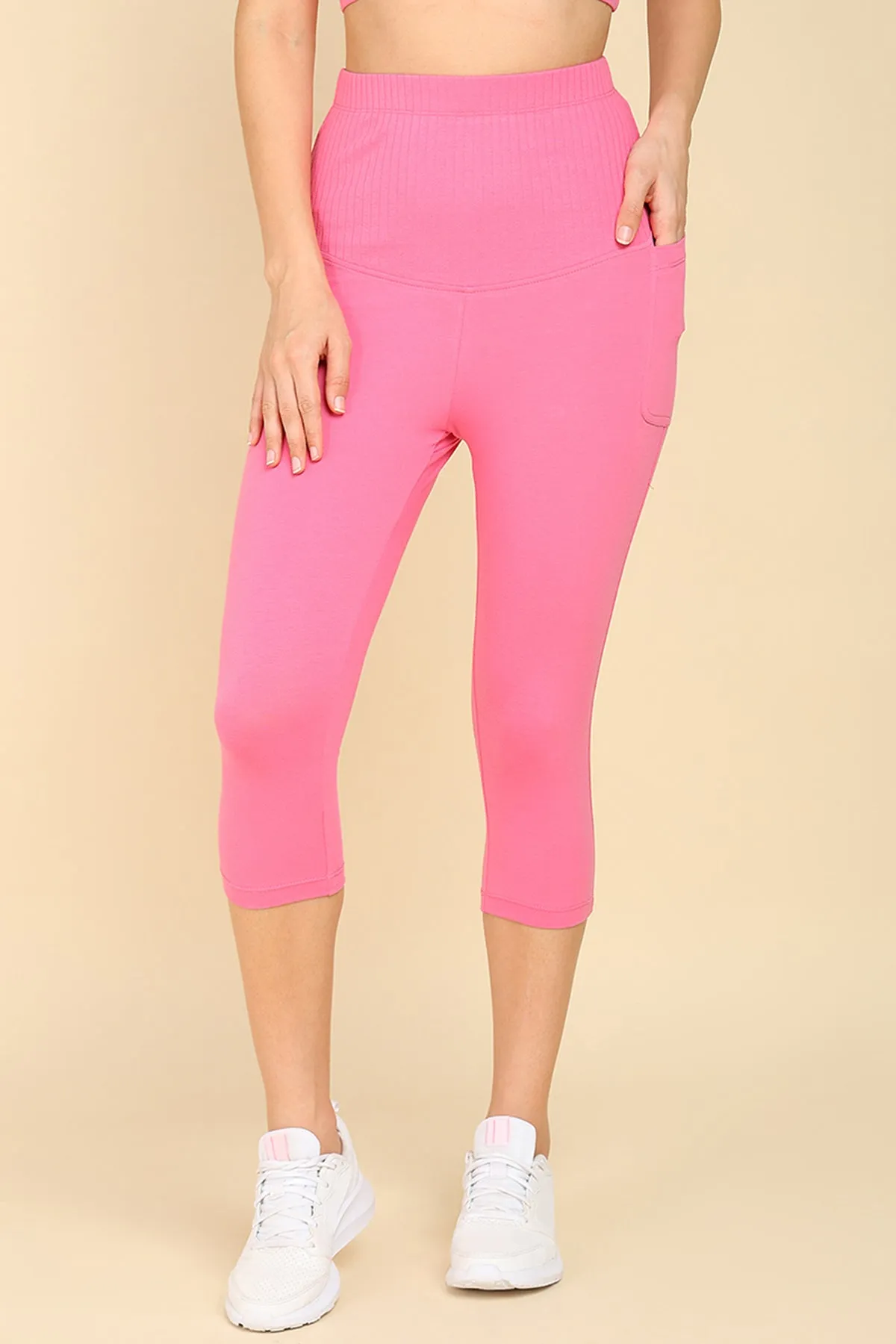 Ribbed Cotton Pink Maternity Capri (Pregnancy & Postpartum)