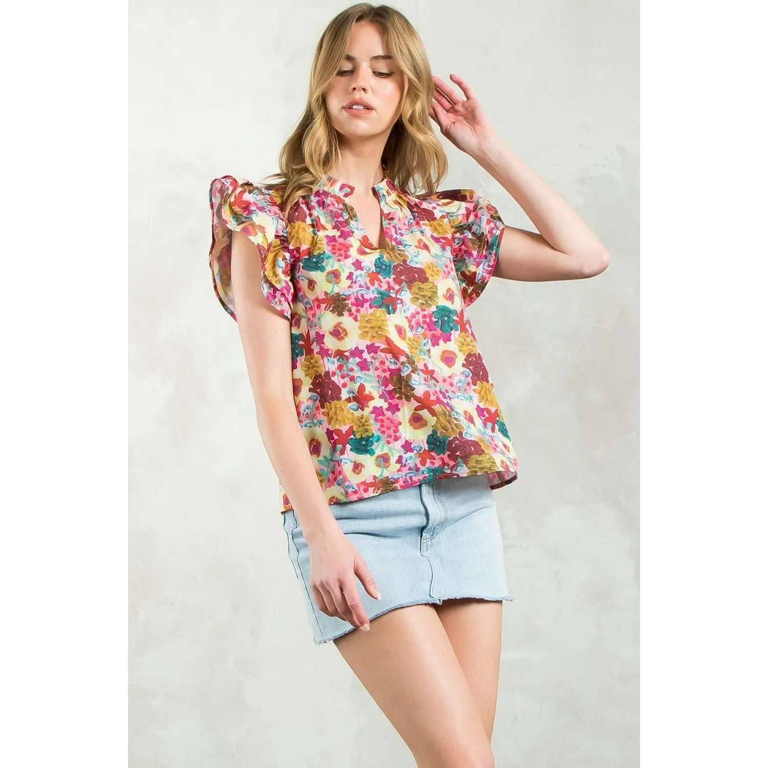 Shauna Flutter Sleeve Floral THML Top