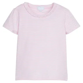 Short Sleeve Scoop Ruffle Tee - Light Pink Stripe