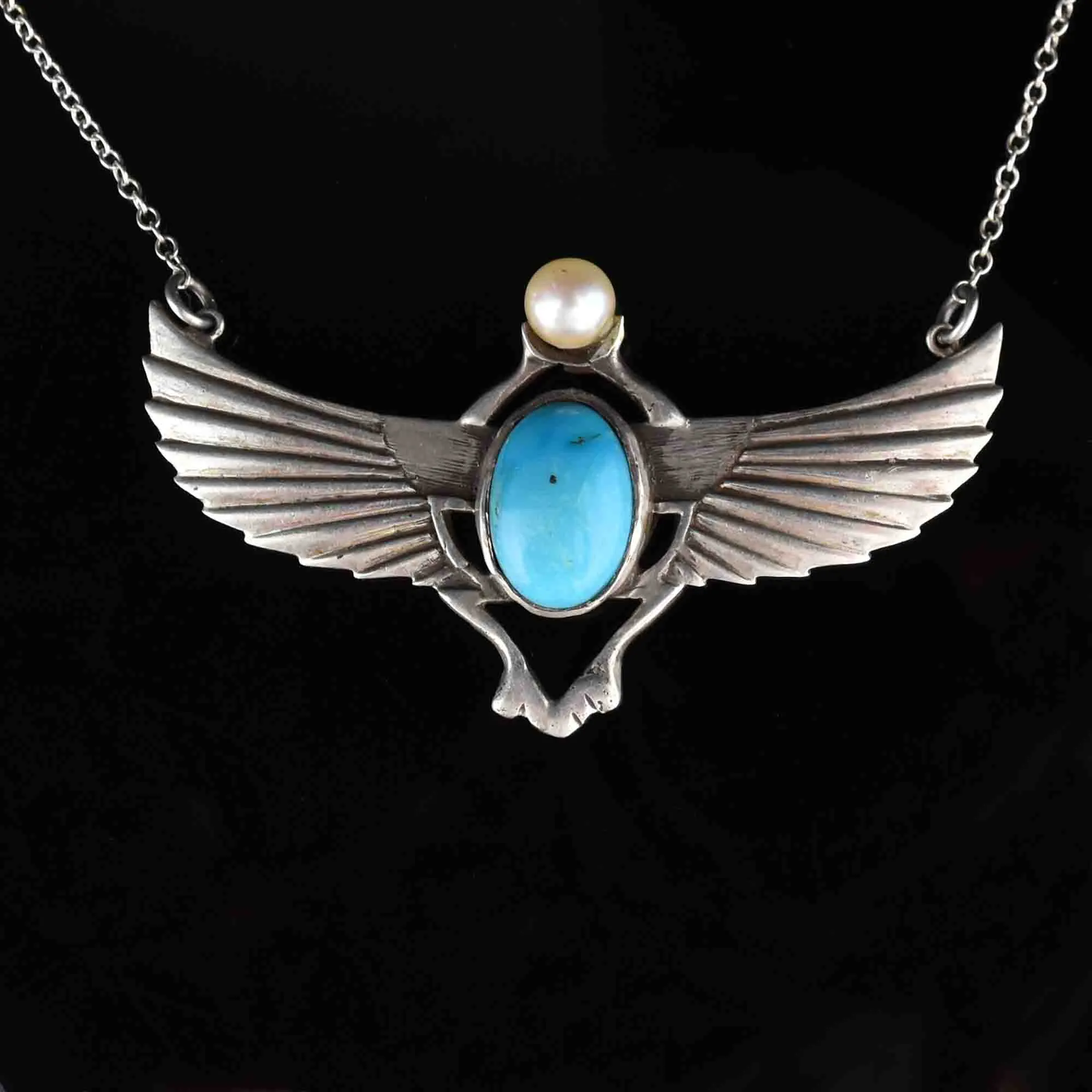 Silver Art Deco Style Turquoise Pearl Scarab Necklace