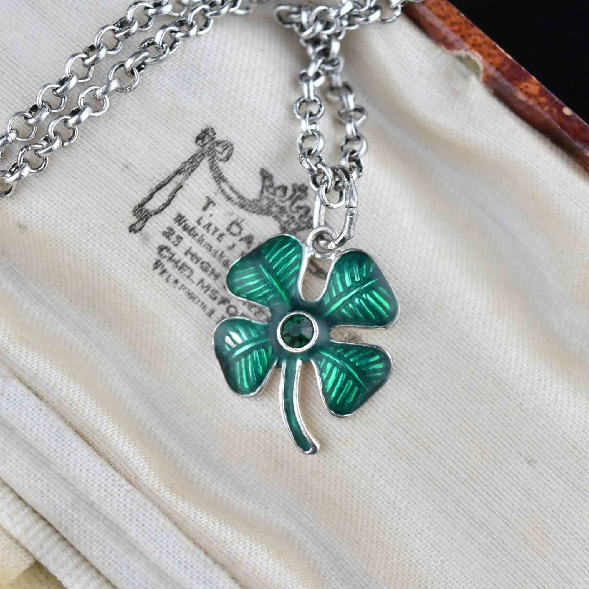 Sterling Silver Green Enamel Four Leaf Clover Pendant Necklace