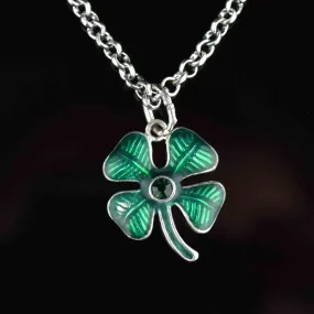 Sterling Silver Green Enamel Four Leaf Clover Pendant Necklace