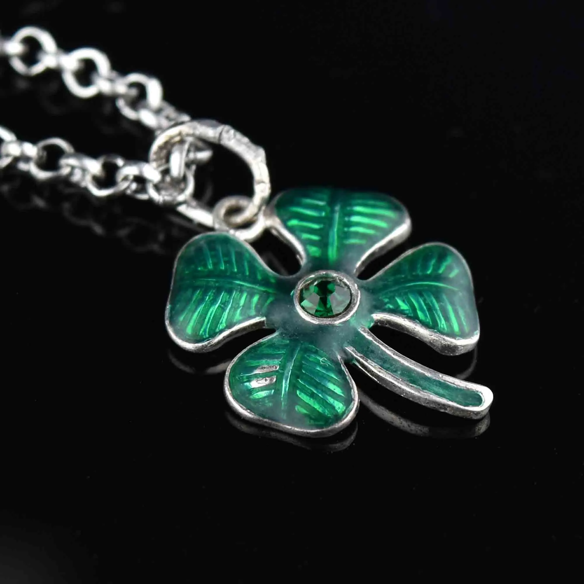 Sterling Silver Green Enamel Four Leaf Clover Pendant Necklace