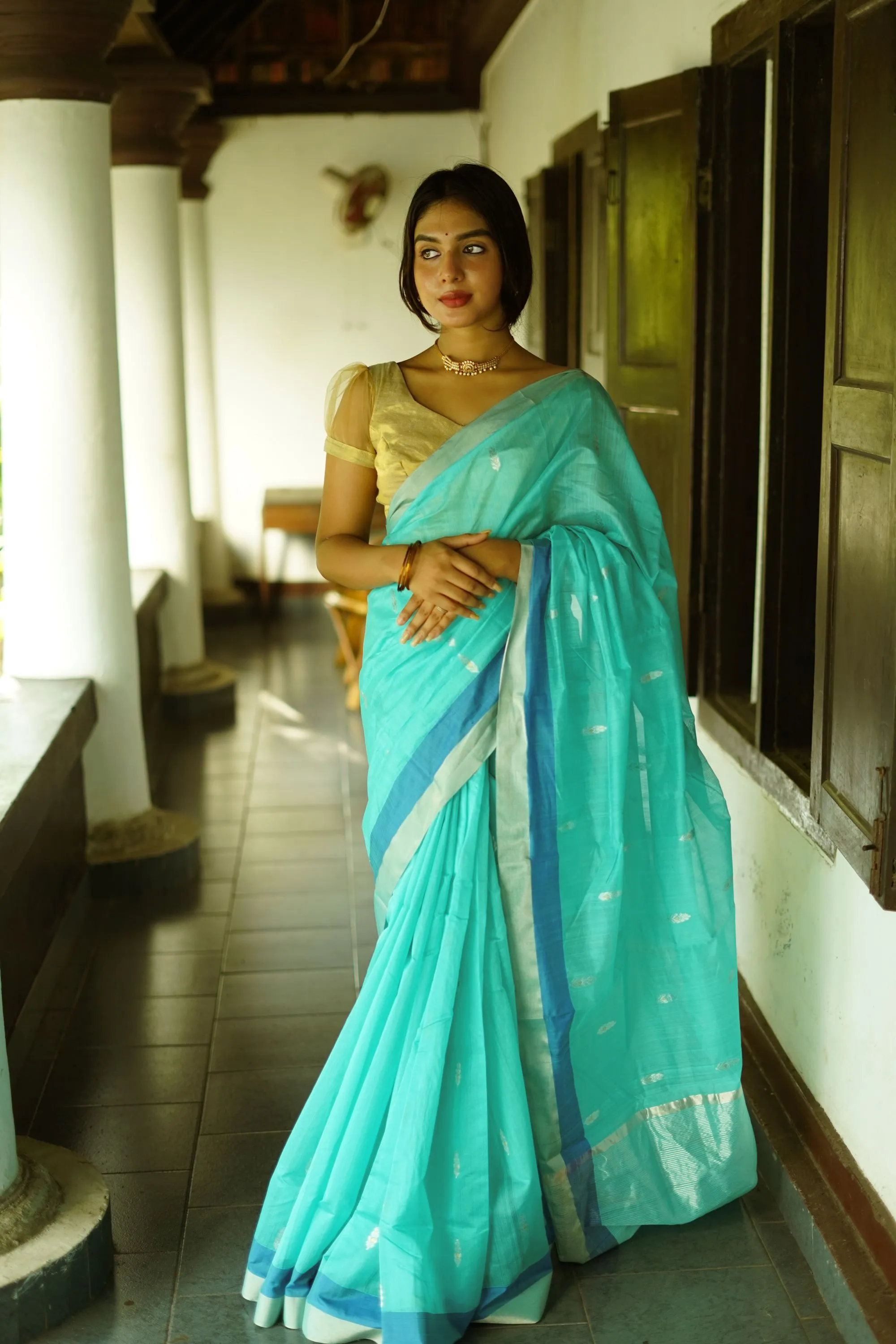 Utsav light Blue silk cotton silver Zari Chanderi Saree