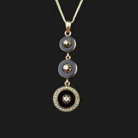 Vintage 10K Gold Onyx Diamond Pearl Art Deco Pendant Necklace