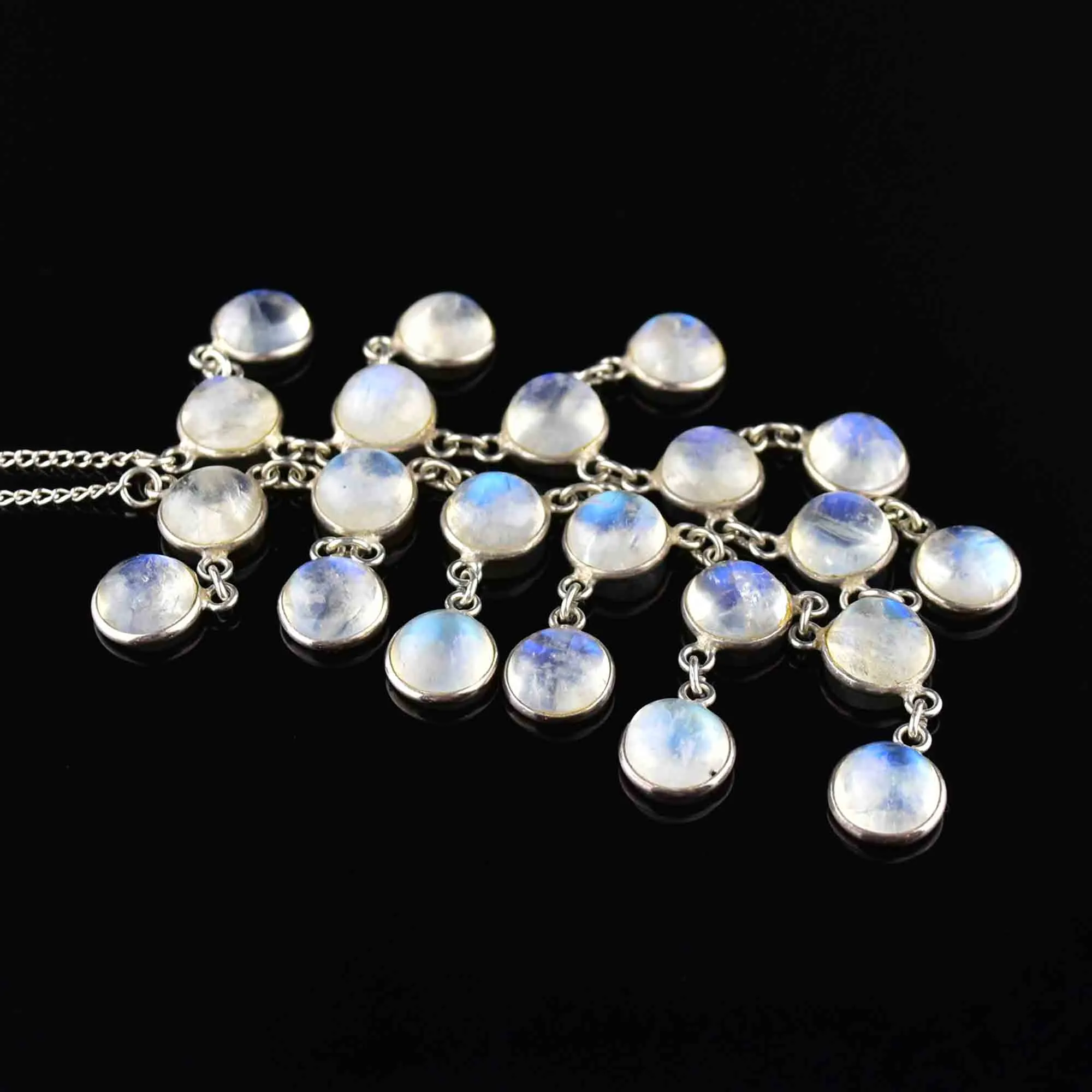 Vintage Art Deco Style Silver Moonstone Fringe Bib Necklace