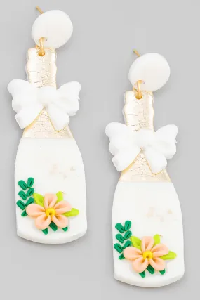 White Floral Champagne Clay Earrings