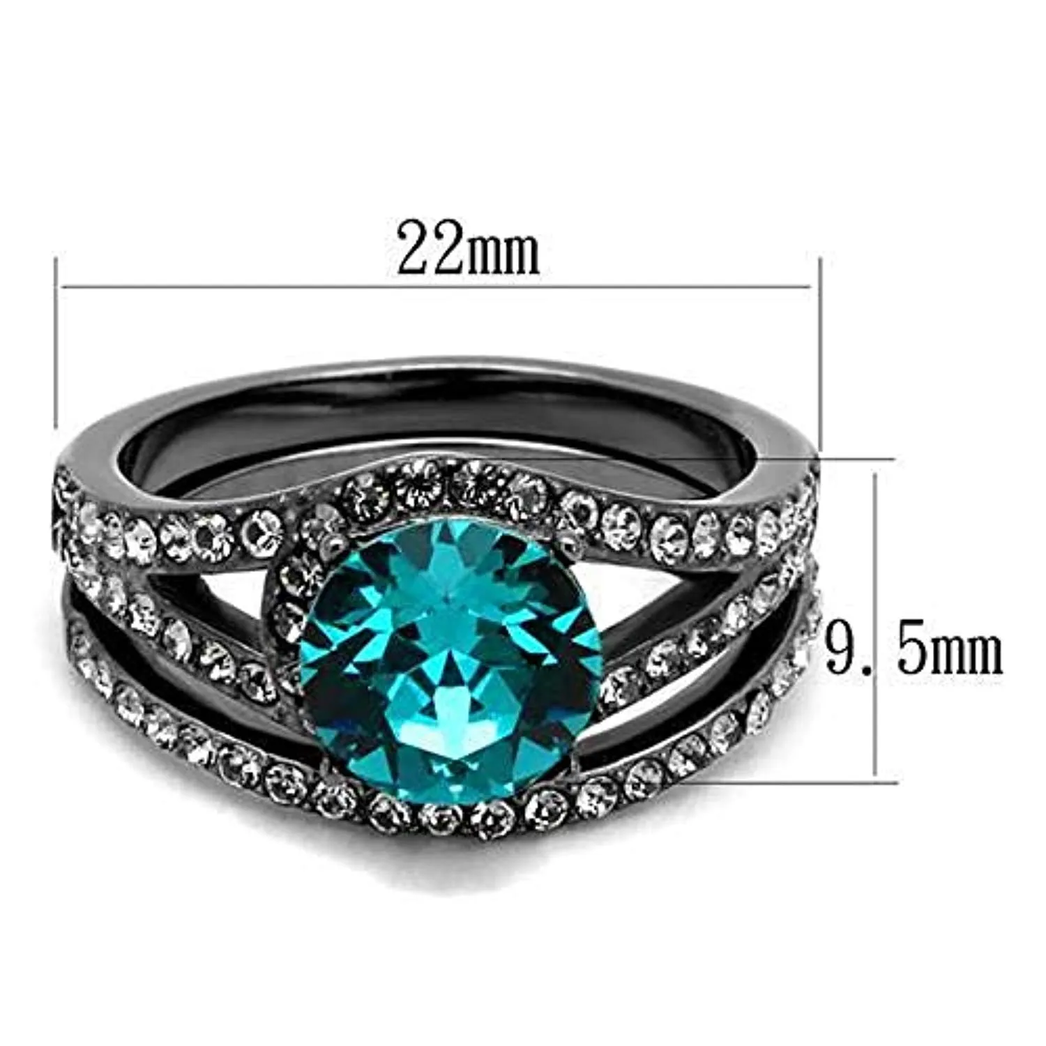 WildKlass Stainless Steel Ring IP Light Black (IP Gun) Women Top Grade Crystal Blue Zircon