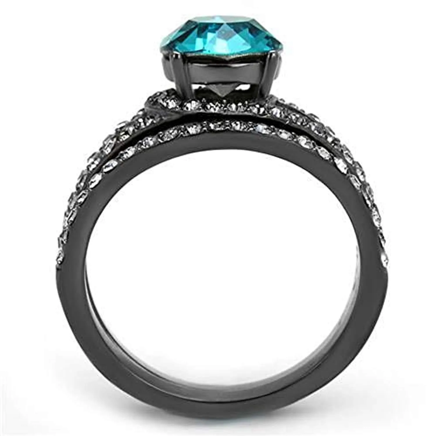 WildKlass Stainless Steel Ring IP Light Black (IP Gun) Women Top Grade Crystal Blue Zircon