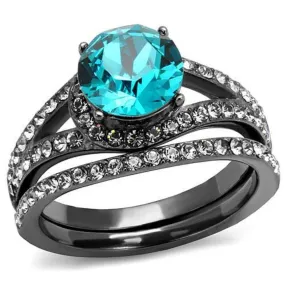 WildKlass Stainless Steel Ring IP Light Black (IP Gun) Women Top Grade Crystal Blue Zircon