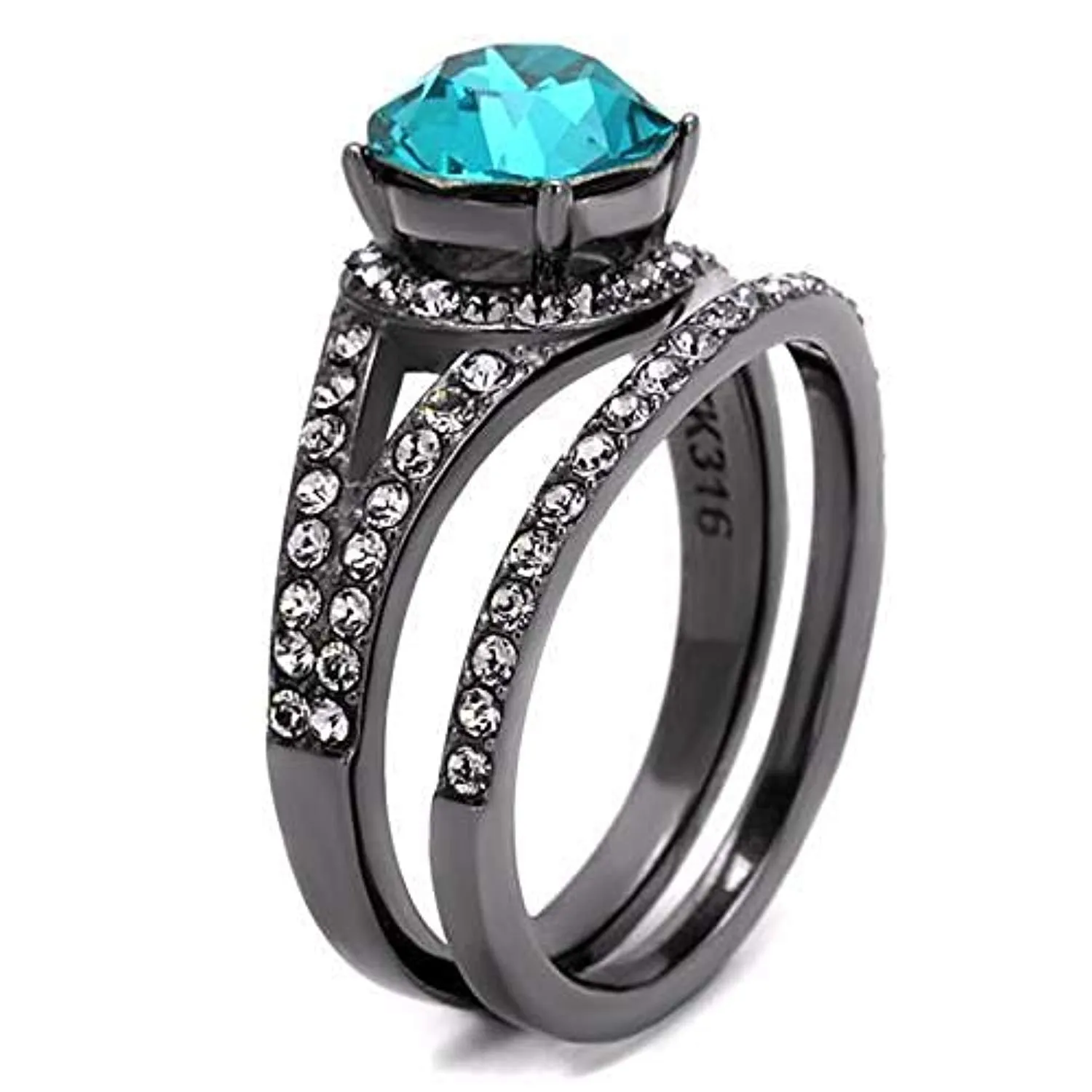 WildKlass Stainless Steel Ring IP Light Black (IP Gun) Women Top Grade Crystal Blue Zircon